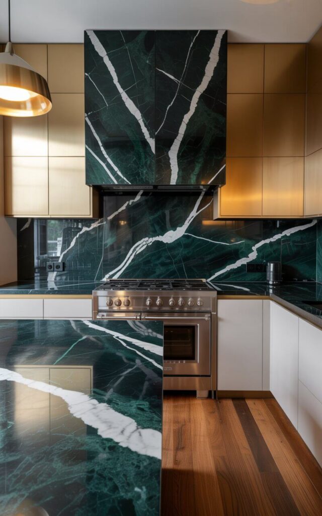 A stunning contemporary kitchen featuring dramatic deep emerald marble countertops and full-height backsplash with bold white veining that creates natural artwork across the surfaces. The sleek cabinetry is finished in warm cream or soft dove gray, providing a sophisticated neutral backdrop that allows the striking green stone to command attention. Overhead pendant lights with brushed gold fixtures cast a warm glow that illuminates the marble's intricate patterns, while a premium stainless steel range anchors the cooking area with professional elegance. Rich wide-plank oak flooring adds organic warmth to the space, perfectly balancing the cool luxury of the stone with the refined minimalist design.