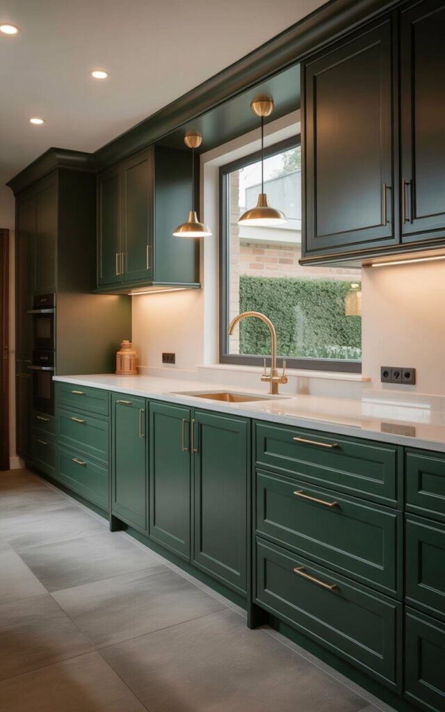 Emerald green cabinetry with brushed brass hardware lines the walls of a modern kitchen, featuring a large central island with a waterfall countertop. A brushed metallic faucet extends from the island’s sink, positioned below sleek, handleless cabinets. Pendant lights with brass fixtures hang above the island, casting warm light on the white quartz countertops and stainless steel appliances. The kitchen floor is covered in large-format grey tiles, and a window above the sink reveals a view of a meticulously landscaped garden with neatly trimmed hedges.