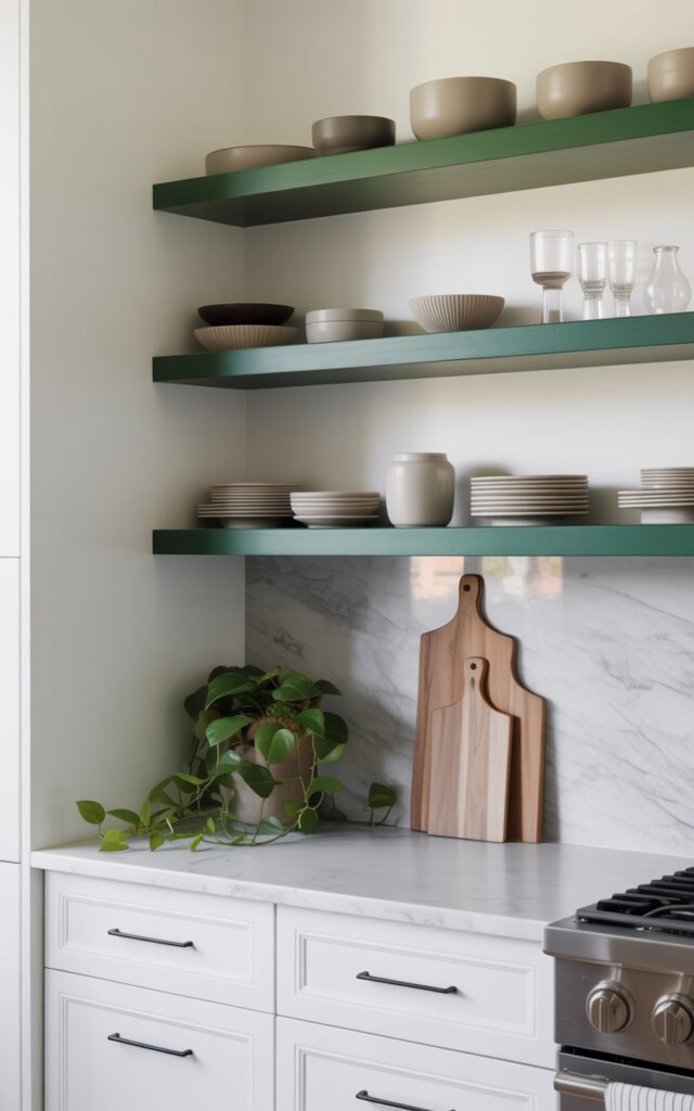 A photograph of a modern kitchen featuring eucalyptus green open shelves that showcase carefully curated dishware in neutral ceramics, clear glassware, and textured bowls arranged with effortless sophistication. The floating shelves appear weightless against crisp white walls, while below, clean-lined white cabinets are accented with sleek black hardware that creates visual contrast. A soft gray marble backsplash with delicate veining adds subtle movement and luxury, complemented by natural wood cutting boards casually leaning against the wall for warmth. In the corner, a trailing pothos plant cascades gently, bringing life to the space while maintaining the clean, minimalist aesthetic where every element feels intentionally placed and beautifully functional.