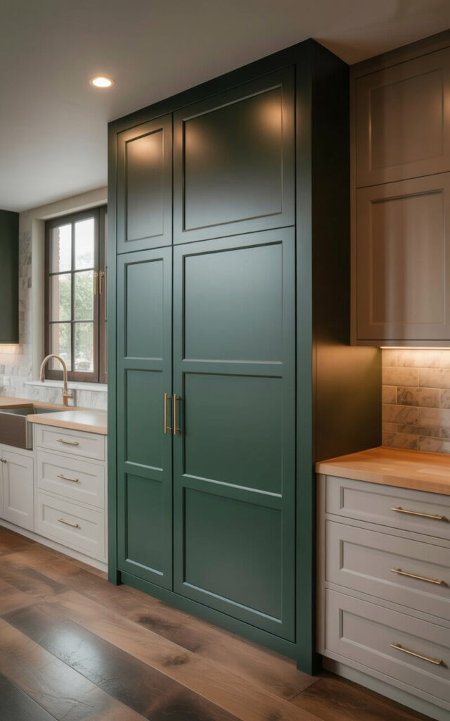 A tall, rectangular pantry door painted a deep emerald green stands as the central feature of the kitchen. The door has a recessed panel design with a simple, square frame and brushed brass hardware centered on its surface. Surrounding the door are white shaker-style cabinets with brushed brass pulls, topped with a light gray marble backsplash featuring subtle veining patterns. Natural light streams through a nearby window, illuminating the room which includes a stainless steel farmhouse sink and a butcher block countertop near the pantry.