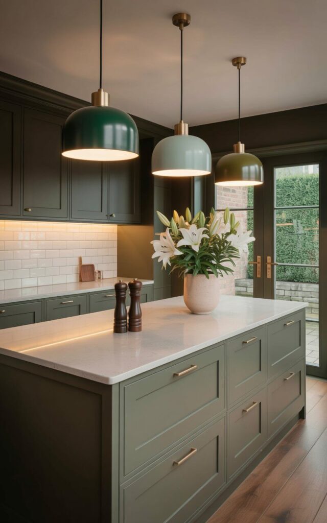 A kitchen island with a light gray quartz countertop sits centered in a room with dark green cabinetry and white subway tile backsplash. Three pendant lights hang above the island – one is a deep emerald green, another a pale mint, and the third a matte olive – each featuring a simple cylindrical shade with a brushed brass fixture. A ceramic vase filled with white lilies rests on the island counter, alongside a dark brown wooden pepper mill. Natural light streams through a large window overlooking a neatly landscaped garden with boxwood hedges and a stone patio.