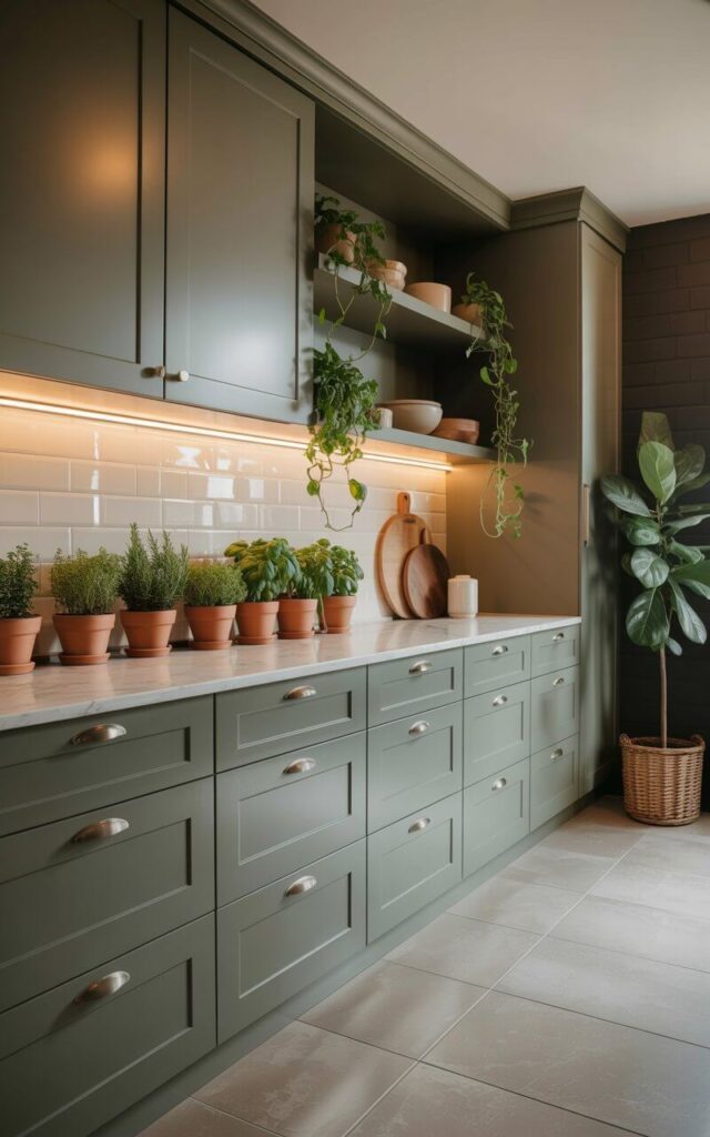 A kitchen features soft green cabinetry with flat-panel doors and brushed silver hardware. Potted herbs, including rosemary, thyme, and basil, line a wide windowsill above a white marble countertop. Trailing pothos vines cascade from open shelves displaying ceramic bowls and wooden cutting boards, while a large fiddle-leaf fig plant stands in a woven basket in a corner. Warm sunlight streams through a large window illuminating the greenery and reflecting off the light-colored countertops and pale gray tiled floor.