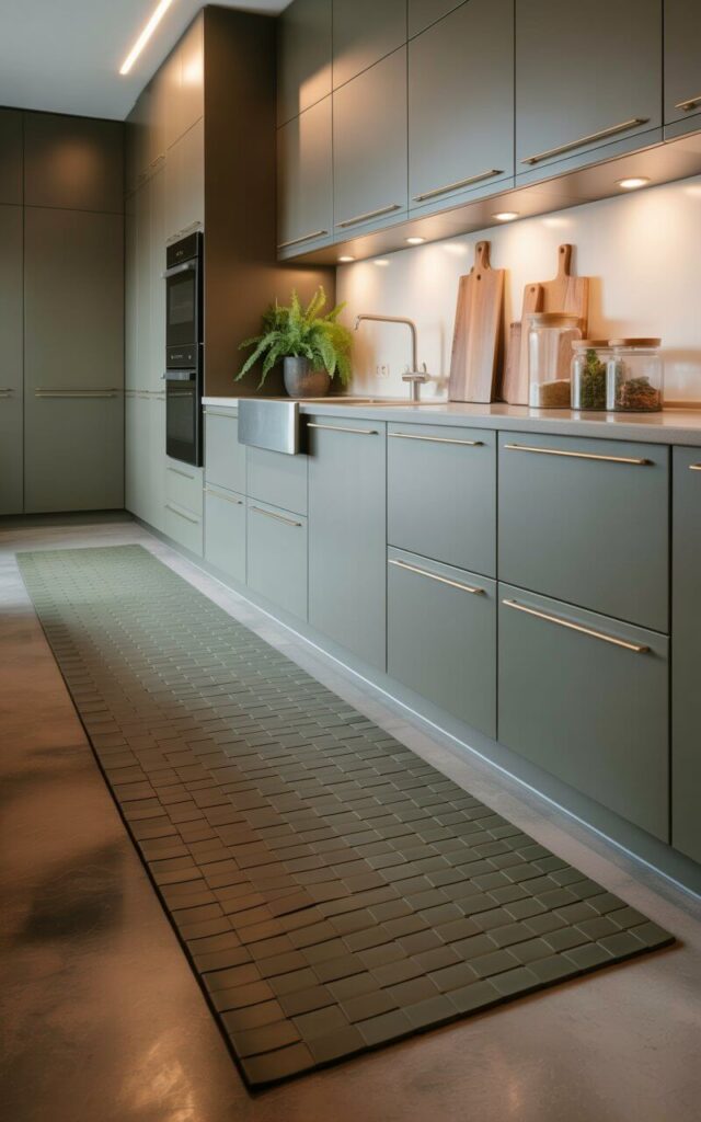 A long, woven runner in shades of olive green stretches down the center of a kitchen, exhibiting a subtle geometric pattern. The runner rests on polished concrete flooring and is bordered by light gray, handleless cabinets with integrated appliances. Wooden cutting boards and clear glass jars filled with dried herbs and spices are arranged on the countertop next to a stainless steel sink. Soft, diffused light from recessed ceiling fixtures illuminates the runner and highlights the texture of the woven fibers, with a small potted fern placed on a nearby windowsill.