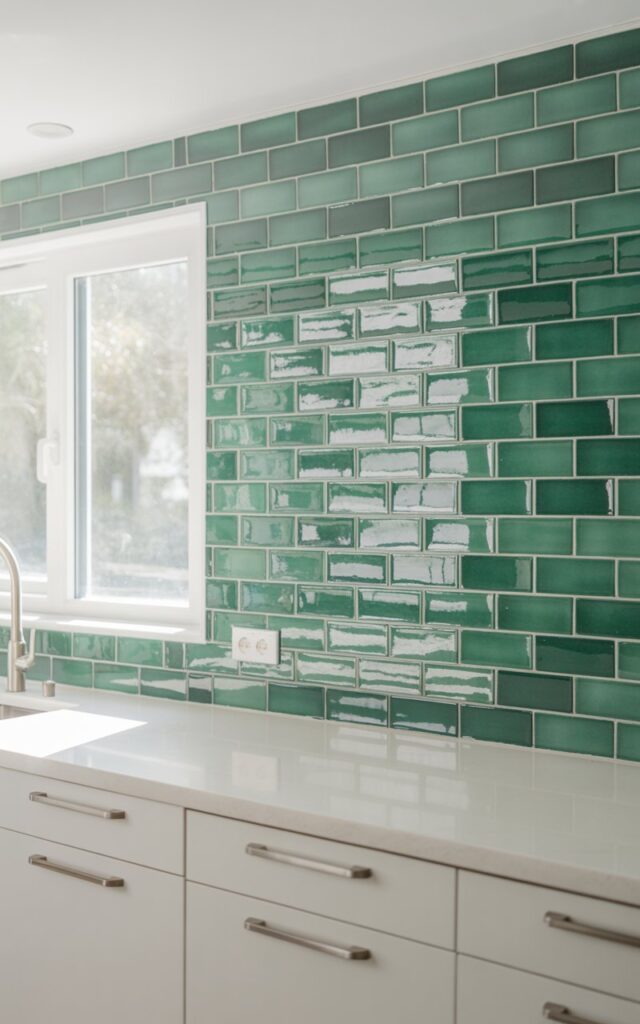 A photograph of a modern minimalist kitchen featuring a stunning glossy green subway tile backsplash that serves as the focal point of the design. The emerald-toned tiles catch and reflect natural light, creating subtle shimmer and depth across their smooth surfaces, while crisp white cabinets with sleek brushed steel pulls provide clean geometric contrast. Bright natural sunlight streams through a nearby window, illuminating the space and enhancing the reflective quality of the tiles. The kitchen exudes a fresh, airy atmosphere with its cohesive color palette of verdant green and pristine white, creating a space that feels both contemporary and inviting.