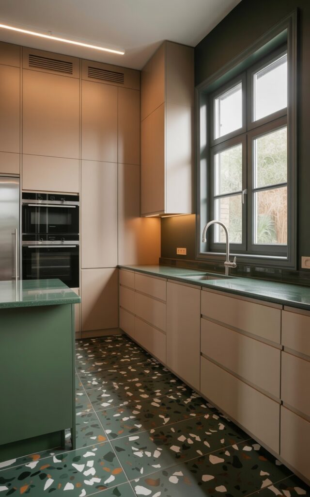 The kitchen features smooth, matte cabinetry in a light beige tone and a durable terrazzo floor composed of emerald green, sage green, white, and soft gray chips. A large window with a dark gray frame allows natural light to illuminate the room, causing the terrazzo surface to sparkle subtly. Green terrazzo countertops extend across a central island and along the perimeter of the kitchen, seamlessly integrating with the flooring. Stainless steel appliances, including a refrigerator and oven, are integrated into the cabinetry, and a sleek, modern faucet extends from the kitchen sink.
