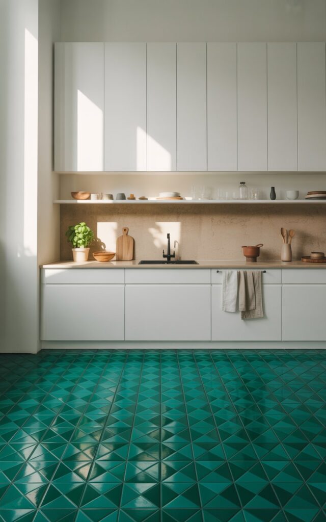 A modern minimalist kitchen featuring striking emerald geometric floor tiles that create a bold visual foundation with their intricate pattern and rich green hues. The space showcases crisp white upper cabinets with clean lines, complemented by a warm beige quartz countertop and delicate open shelving displaying carefully curated dishware. Soft natural light filters through the space, casting gentle shadows that enhance the depth and texture of the geometric floor pattern while illuminating thoughtful details like a small potted basil plant, a wooden utensil set, and neatly folded linen towels. The overall atmosphere balances contemporary sophistication with organic warmth, creating an inviting culinary space where bold design meets functional elegance.