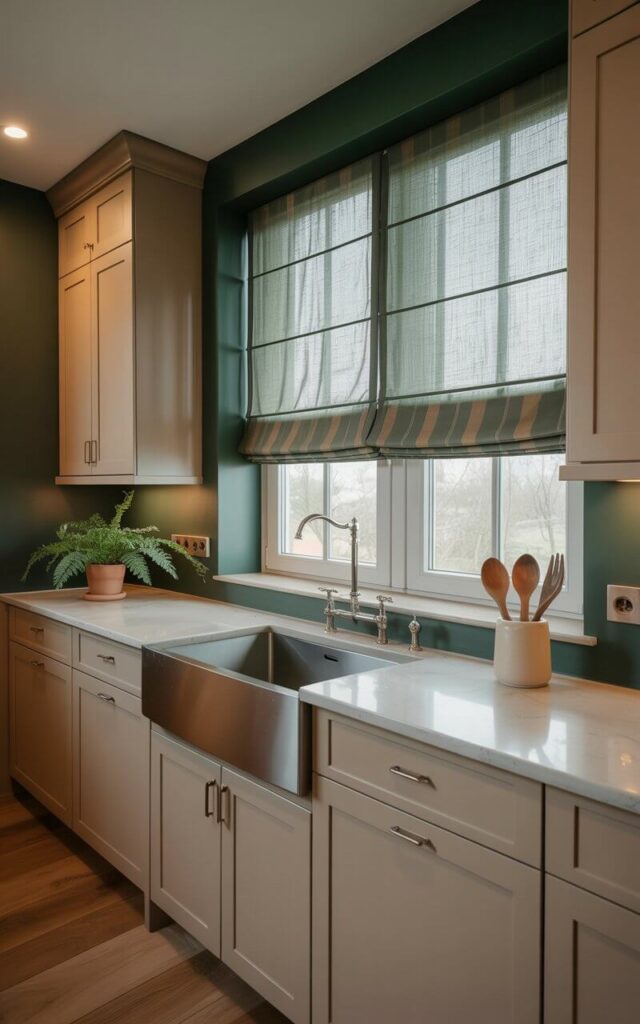 A light-filled kitchen features a window dressed with Roman shades patterned in a subtle vertical stripe design. The shades are a muted shade of forest green, and are partially drawn, allowing diffused light to enter the room. Neutral-colored cabinetry lines the walls, topped with a smooth, light gray stone countertop, while a stainless steel farmhouse sink sits beneath the window. A potted fern sits on the windowsill, and a ceramic utensil holder containing wooden spoons rests on the countertop near the sink.