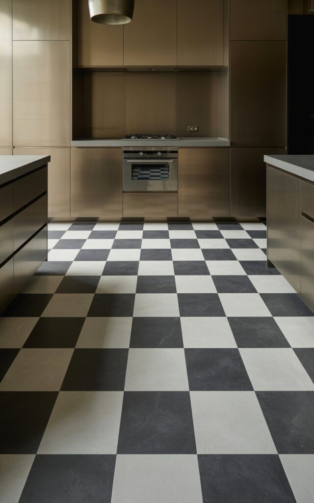 A photograph of a sophisticated minimalist kitchen featuring a striking charcoal and light gray checkered floor with large format tiles that create a bold geometric foundation. Matte charcoal cabinets with seamless hidden pulls line the walls, paired with pale gray stone countertops that provide subtle contrast to the darker elements. Flush-mounted stainless steel appliances integrate seamlessly into the cabinetry, while an elegant pendant light fixture hangs above, casting soft, even illumination across the checkered floor pattern. The overall composition emphasizes clean lines and contemporary design, with the dramatic floor serving as the room's defining architectural feature.