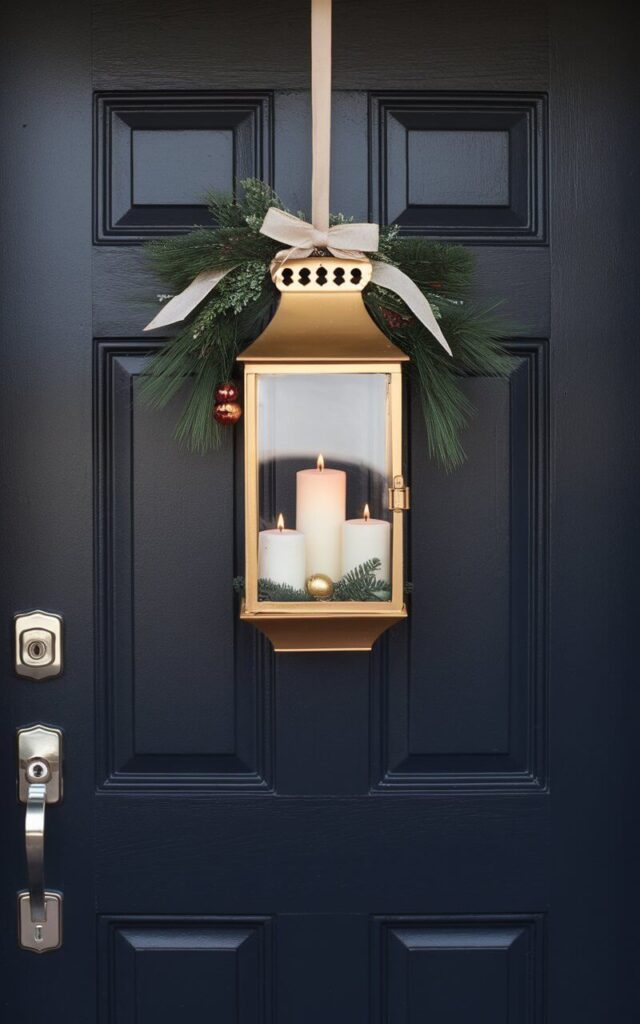 A navy blue door with a lantern-style Christmas door hanger. The hanger has a glass case with faux candles and tiny ornaments. It is suspended above the sleek silver door handle and keyhole. Pine branches and ribbon accents frame the lantern subtly. The minimalist color palette of gold, green, and navy keeps the look elegant. This door hanger evokes cozy evenings and candlelit cheer in a refined, modern way.