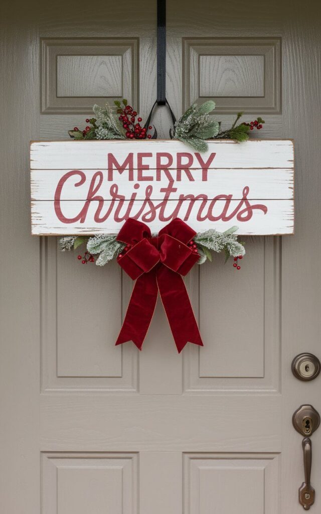 A rustic wooden plaque serves as the Christmas door hanger, reading "Merry Christmas" in bold, painted script. The very well decorated door hanger hangs evenly across a light taupe closed door, with a festive red bow cascading beside the door handle and keyhole. Touches of faux greenery and berries frame the edges, blending tradition and style. Its minimalist composition allows the lettering and craftsmanship to shine—delivering a heartfelt seasonal greeting without visual clutter.