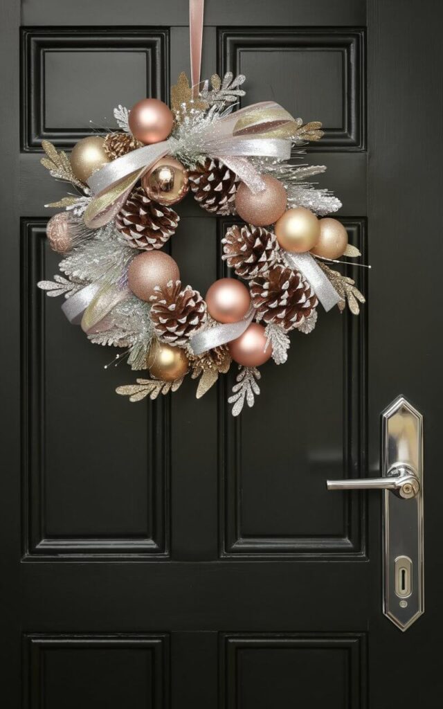 A photo of a matte black closed door adorned with a shimmering Christmas door hanger made of gold, silver, and rose-gold ornaments. The door hanger features metallic pinecones, glittering ribbons, and delicate gold leaves, which reflect light near the sleek chrome door handle and keyhole. The composition is minimalist, balancing luxe sparkle with understated sophistication, making it perfect for those who love a touch of festive glamour without overwhelming detail.