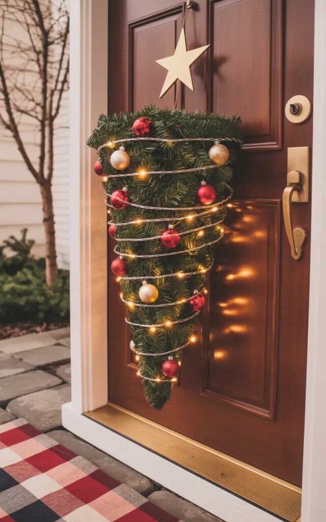 A cone-shaped Christmas door hanger, crafted from interwoven evergreen branches, hangs from a closed dark brown front door. The door hanger features several small red and gold baubles scattered amongst the branches, alongside a string of warm-toned miniature fairy lights that emit a gentle glow. A small, pointed golden star sits atop the cone, reflecting light off the brushed brass door handle and keyhole positioned directly below. The surrounding porch area is visible, with a weathered gray stone walkway leading up to the door and a few bare branches of a nearby deciduous tree extending into the background.
