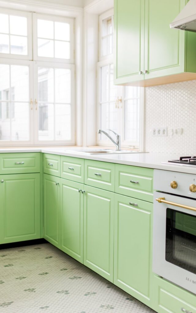 A bright, contemporary kitchen featuring cheerful mint green cabinets that create a refreshing focal point against crisp white walls and countertops. The sleek cabinetry is accented with polished chrome hardware that catches and reflects abundant natural light streaming through the windows, while pristine white appliances maintain the clean, minimalist aesthetic. A white hexagonal tile backsplash adds subtle texture and visual interest, complementing the geometric patterned floor with delicate shapes in soft neutral tones. The space radiates youthful energy with its nostalgic yet modern charm, where every element feels carefully curated yet effortlessly streamlined.