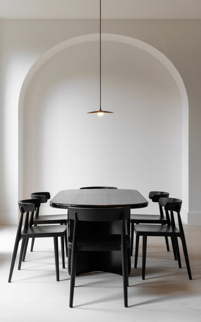 A photograph of an elegant black and white dining room featuring pristine luminous white walls that create an airy, spacious atmosphere. The centerpiece is a sleek rectangular dining table with a smooth, glossy black finish, surrounded by four minimalist black dining chairs with clean geometric lines and subtle curves. The room embodies sophisticated monochrome design with no decorative clutter, allowing the bold contrast between the dark furniture and bright walls to take center stage. A single modern pendant light with a simple black shade hangs directly above the table, casting a warm, focused glow that highlights the refined geometry and creates subtle shadows that enhance the room's architectural balance.