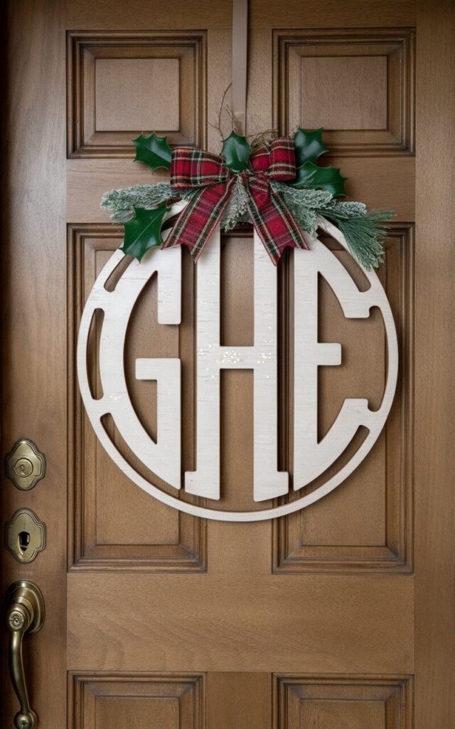 A photo of a Christmas door hanger with a large wooden monogram painted in gleaming white, accented with holly leaves and a plaid bow. The door hanger is hanging perfectly centered on a closed door. The door has a polished brass door handle and keyhole, which glint softly beneath the ornament. The door's natural wood tone complements the door hanger. The design captures a cozy, minimalist charm, using thoughtful details like twine, greenery, and subtle sparkle to evoke an inviting holiday welcome without overwhelming the space.