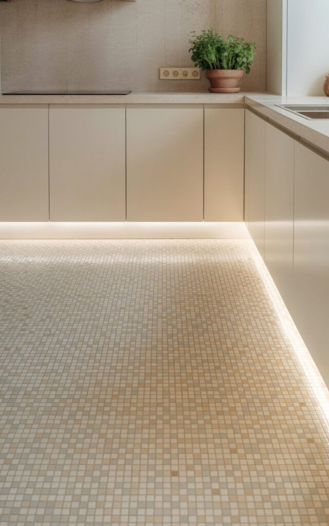 A minimalist kitchen interior featuring an intricate checkerboard floor made of tiny cream and taupe mosaic tiles arranged in a precise grid pattern. The delicate squares create subtle texture underfoot, with each miniature tile catching light from soft LED strips installed beneath sleek white cabinetry. Pale stone countertops and slim cabinet doors maintain clean lines throughout the space, while a single terracotta pot filled with fresh green herbs sits as the only decorative accent. Gentle under-cabinet lighting illuminates the mosaic floor, making the tiny checkerboard pattern shimmer softly and serve as the quiet focal point of this serene, well-appointed kitchen.