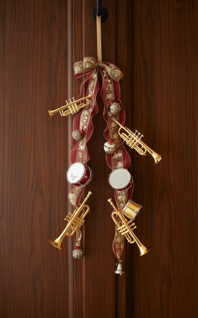 A photograph of an elegant Christmas door hanger crafted with miniature musical instruments arranged on festive burgundy and gold ribbon. Tiny golden trumpets with intricate detailing, small silver drums with pearl-white drumheads, and delicate silver bells are woven throughout the flowing ribbon in a carefully orchestrated pattern. The door hanger is suspended from a rich dark walnut door, its polished surface creating subtle reflections of the metallic instruments. Soft warm lighting illuminates the arrangement, causing the golden trumpets and silver elements to gleam against the deep wood grain, creating a sophisticated holiday display that captures the spirit of Christmas carols and festive music.