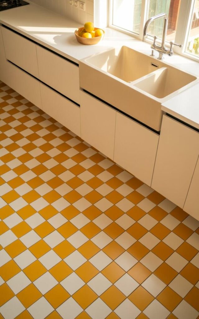 A photograph of a minimalist kitchen featuring a striking mustard-yellow-and-white checkered floor that creates bold geometric patterns across the space. Clean white flat-front cabinets line the walls with sleek brushed black hardware providing modern contrast, while a classic white farmhouse sink sits beneath a large window that floods the room with warm natural light. The saturated mustard tiles radiate retro energy without overwhelming the clean aesthetic, their warm tones beautifully complemented by a simple bowl of bright citrus fruits resting on the pristine white countertop. Soft shadows dance across the playful checkered pattern as sunlight streams through the window, creating a harmonious blend of minimalist sophistication and cheerful personality.