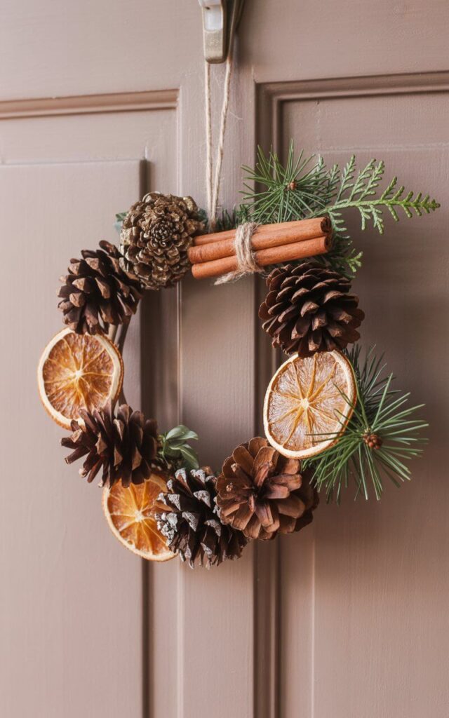 A photograph of an artisanal Christmas door hanger crafted from natural materials, suspended against a soft taupe-colored wooden door. The circular wreath features clusters of weathered pinecones, fragrant cinnamon sticks tied with hemp twine, dried orange slices with translucent golden edges, and fresh evergreen sprigs with delicate needles. The arrangement is thoughtfully balanced with organic spacing, allowing each element's natural texture and warm earth tones to shine through. Soft, diffused natural light illuminates the rustic composition, casting gentle shadows that emphasize the three-dimensional quality of the pinecones and the subtle sheen of the dried citrus, creating an inviting and serene holiday atmosphere.