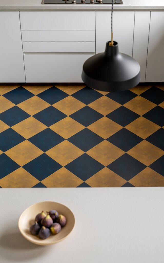 A photograph of a sleek minimalist kitchen showcasing a striking checkered floor with deep navy and warm ochre faux tiles arranged in a bold geometric pattern. The navy squares create dramatic visual depth while the golden ochre tiles infuse the space with inviting warmth, perfectly balanced against pristine white handleless cabinetry that maintains clean contemporary lines. A matte black pendant light with simple geometric form hangs precisely above a white kitchen island, casting focused downward illumination that highlights the floor's pattern. On the smooth countertop, a single cream-colored ceramic bowl holds fresh purple figs, their rich earthy tones echoing the ochre warmth of the checkered flooring below.