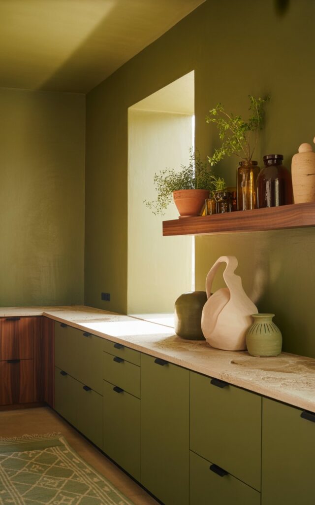 A photograph of a sophisticated olive-toned green kitchen that exudes warmth and natural elegance through its carefully curated design. The soft olive walls create an enveloping backdrop, complemented by rich walnut wood accents and sleek matte black hardware on minimalist cabinetry with light travertine countertops. A floating wooden shelf displays an artful arrangement of terracotta planters with trailing herbs, amber glass apothecary jars, and handcrafted ceramic vessels in cream and sage tones. Golden afternoon sunlight streams through a large window, casting gentle shadows that highlight the textural depth of the painted walls and natural stone surfaces, while a vintage-inspired runner in muted olive and cream geometric patterns anchors the space with subtle visual interest.