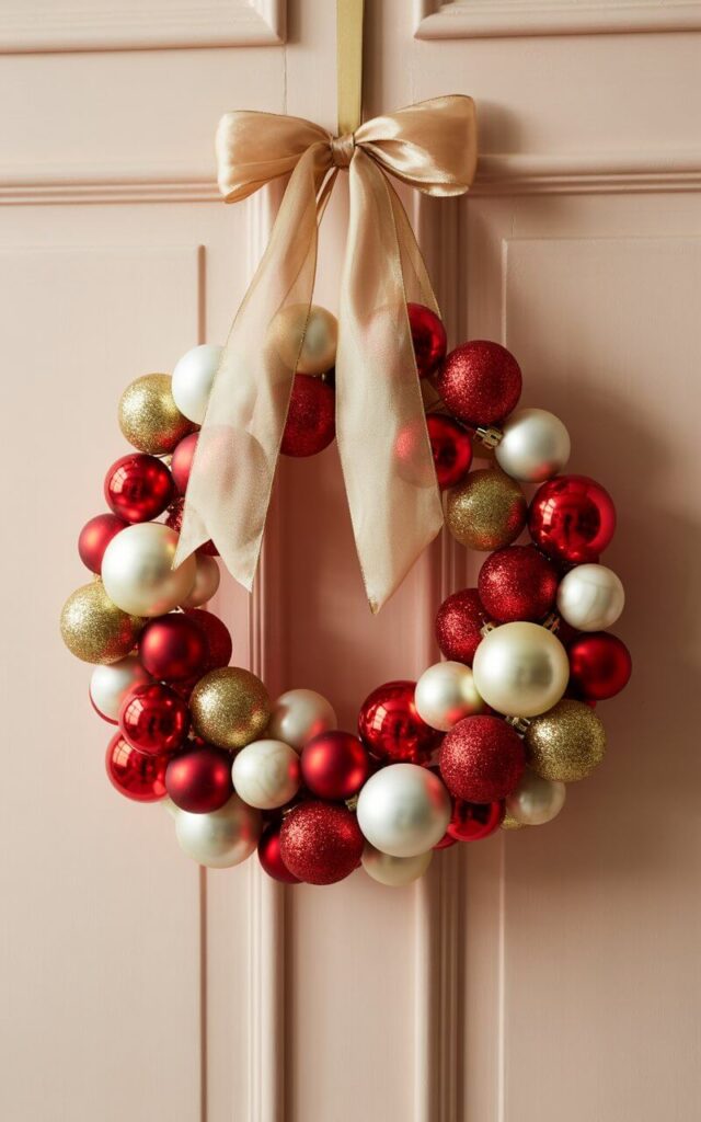A photograph of an elegant Christmas door hanger crafted entirely from ornaments, hanging gracefully on a soft cream-colored closed door. The wreath features a carefully balanced arrangement of glossy crimson red baubles, matte ivory white spheres, and shimmering gold glittered ornaments in various sizes, creating visual depth and texture. A luxurious champagne silk bow is tied at the top, its flowing ribbons catching the light with subtle sheen. Warm, diffused lighting bathes the scene, highlighting the ornaments' varied finishes while casting gentle shadows that emphasize the wreath's refined, minimalist structure against the neutral door backdrop.