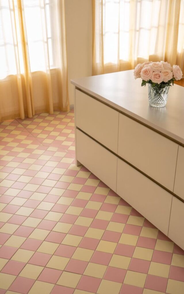 A photograph of an elegantly minimalist kitchen featuring soft pink and cream checkered floor tiles in a gentle, romantic pattern. The pink tiles display a delicate powdery pastel hue that harmoniously blends with warm cream squares, creating a dreamy foundation beneath sleek white cabinetry with clean lines and brass hardware accents. Sheer white curtains filter golden sunlight through the windows, casting a warm, diffused glow across the checkered floor and highlighting the serene color palette. A single crystal glass vase containing pale blush roses rests on the pristine white countertop, completing the sweet and sophisticated minimalist aesthetic.