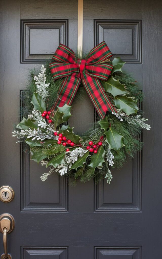 A Christmas door hanger with a plaid pattern, featuring a bold tartan bow atop a wreath of evergreen and holly. The door hanger is placed on a charcoal-gray door. The door handle and keyhole catch are brushed-brass and catch the light. The overall arrangement of pattern, greenery, and texture is classic and crisp, capturing Christmas tradition with effortless sophistication.