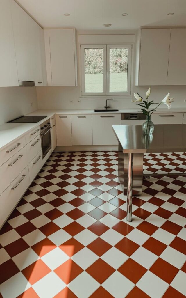 A red-and-white checkered floor of glossy ceramic tiles extends throughout the kitchen, with each square precisely aligned. Crisp white cabinetry with chrome pulls lines the walls, flanking a stainless steel island with a smooth countertop reflecting the floor’s red tones. A small glass vase containing three white lilies sits on the island's counter. The kitchen is illuminated by overhead recessed lighting, and a single window overlooking a green lawn is visible in the background.
