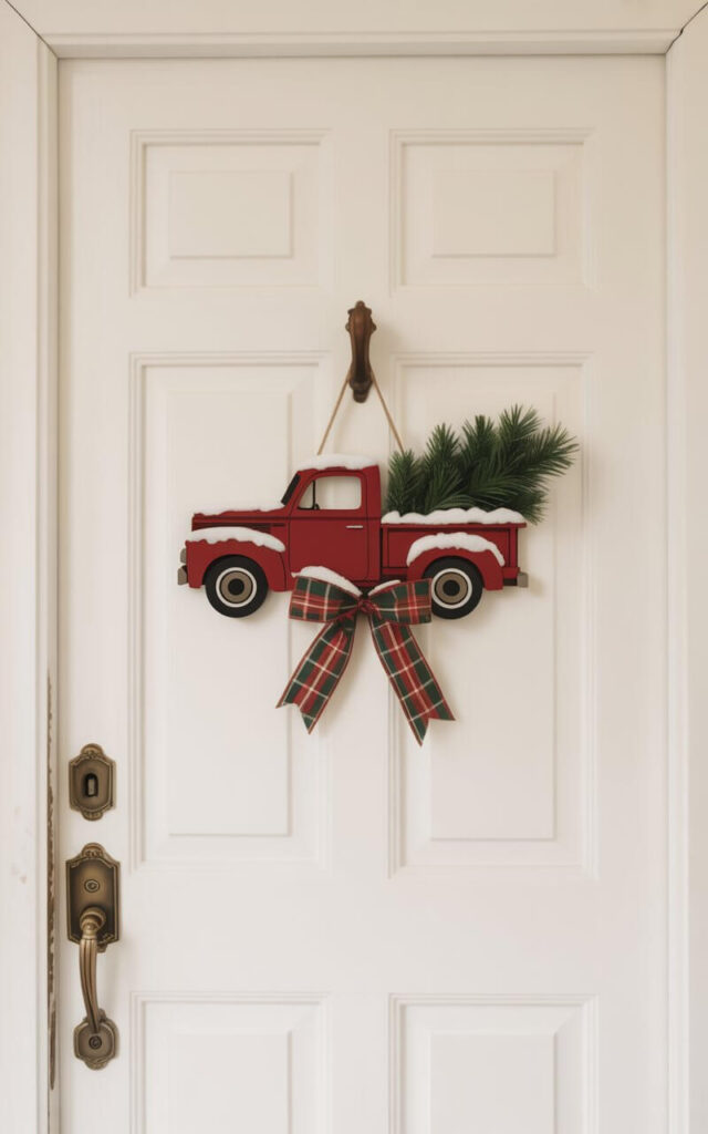 A photograph of a charming Christmas door hanger centered on a pristine white wooden door, featuring a vintage red pickup truck carrying a fresh pine tree in its bed. The door hanger is elegantly decorated with delicate faux snow dusting the truck's edges and a classic red and green plaid bow tied beneath the vehicle, creating a perfect farmhouse holiday aesthetic. The minimalist design allows the nostalgic truck imagery to shine against the clean white door, while an ornate antique brass door handle and keyhole add sophisticated vintage charm below. Soft, warm lighting enhances the cozy holiday atmosphere, casting gentle shadows that emphasize the door hanger's dimensional details and the rich textures of the plaid ribbon and artificial snow.