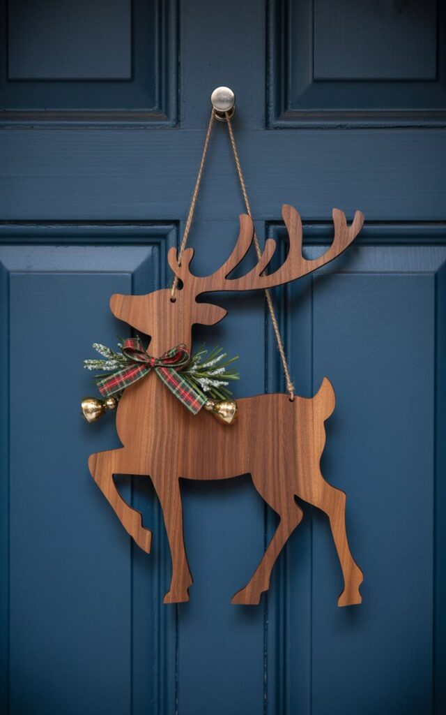 A photograph of an elegant wooden reindeer silhouette door hanger suspended from a matte navy blue front door. The reindeer features smooth, flowing lines carved from rich walnut wood, with a small red and green plaid bow tied delicately around its neck area. The door hanger is adorned with subtle winter greenery sprigs and tiny silver bell accents that catch the soft natural light. The minimalist design contrasts beautifully against the deep navy door surface, creating a sophisticated and understated Christmas decoration that embodies quiet elegance and seasonal charm.