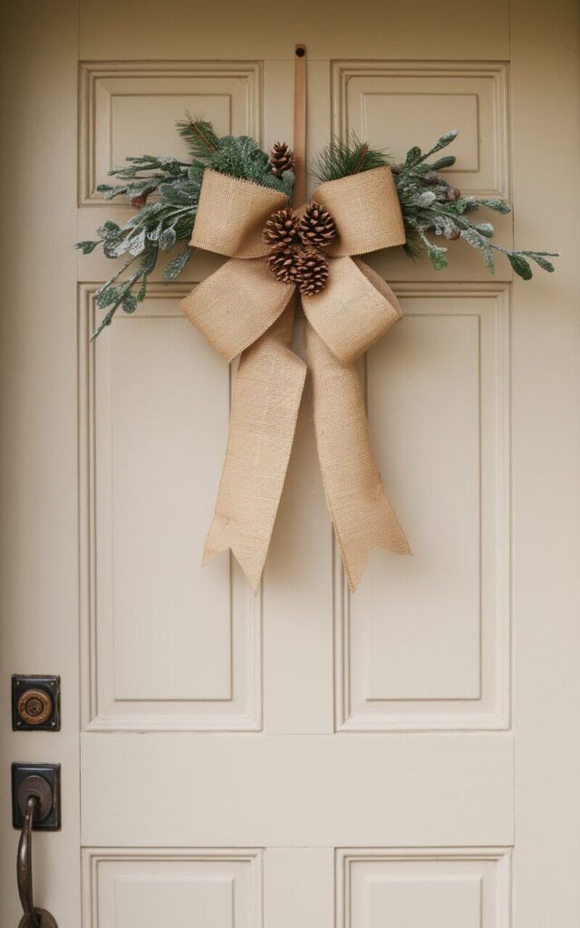 A Christmas door hanger with farmhouse character—a very well decorated door hanger showcasing a large burlap bow adorned with pinecones and evergreen sprigs—rests beautifully on a closed door painted matte white. The soft fibers of the bow contrast gently with the metallic door handle and keyhole, creating a blend of rustic texture and polished detail. The simplicity of the minimalist design highlights natural tones and textures, giving off the comforting, handcrafted feeling of a cozy countryside Christmas.