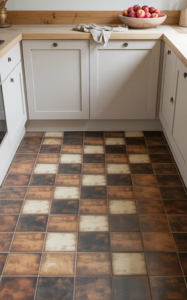 A photograph of a beautifully decorated minimalist kitchen featuring weathered brown-and-cream checkered tiles that evoke vintage farmhouse charm while maintaining modern simplicity. The tiles display a softly worn patina with subtle texture variations that add authentic depth and character to the floor. Clean white shaker-style cabinets line the walls, their simple hardware complementing the rustic tile tones, while a natural wooden beam stretches across the ceiling to add warmth and architectural interest. The pristine countertops remain uncluttered, showcasing only a handcrafted ceramic bowl filled with fresh red apples and a casual linen cloth, creating a harmonious balance between old-world texture and contemporary minimalist design.