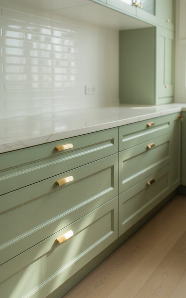 A close-up interior photograph of a stunning sage green kitchen bathed in soft, diffused natural light streaming through unseen windows. The smooth matte-finish cabinetry showcases elegant minimalist design with brushed brass handles that catch warm glints from sleek pendant lights hanging above. A pristine white quartz countertop with subtle gray veining stretches across the base cabinets, complemented by a clean white subway tile backsplash arranged in a horizontal stack pattern. The pale oak hardwood flooring adds warmth to the serene color palette, while carefully placed decorative elements create an effortlessly stylish atmosphere that feels both contemporary and timeless.