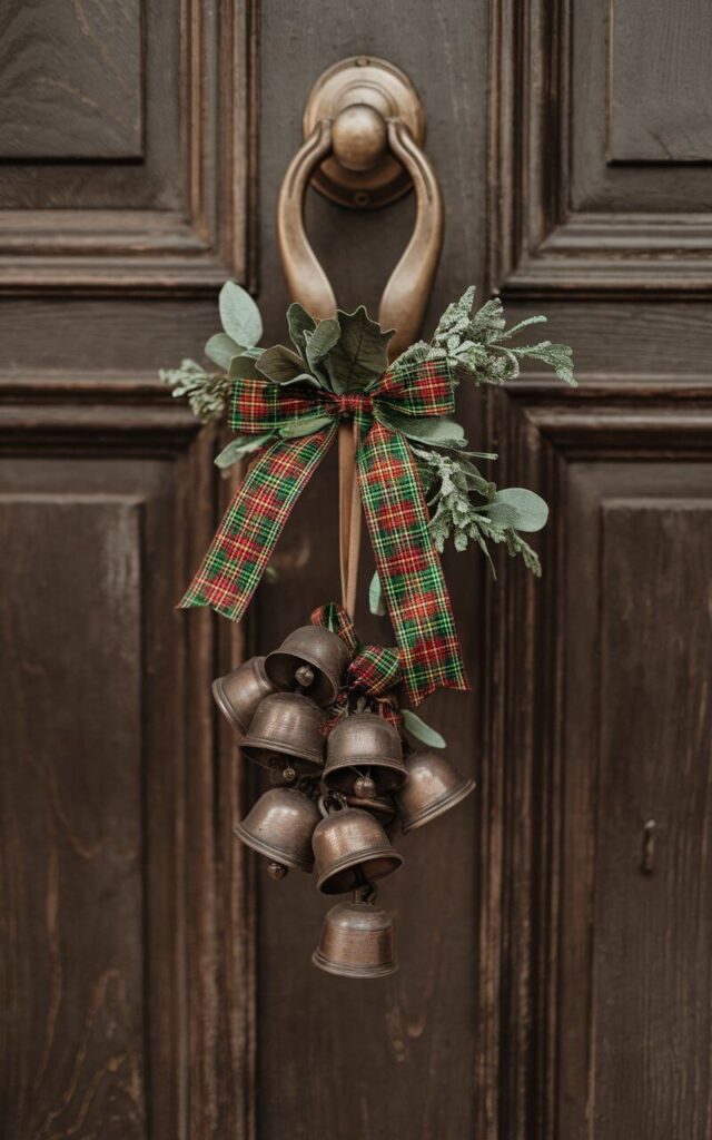 A photo of a dark wooden door with a charming Christmas door hanger. The door hanger features a cluster of antique bronze bells tied with tartan ribbon, which dangles gently from the door. The door hanger adds a nostalgic, musical touch to the entryway. The warm metallic tones of the bells coordinate seamlessly with the nearby door handle, both gleaming softly in the light. The minimalist setup—just ribbons, bells, and greenery—feels classic and soothing, capturing the sound and spirit of Christmas.