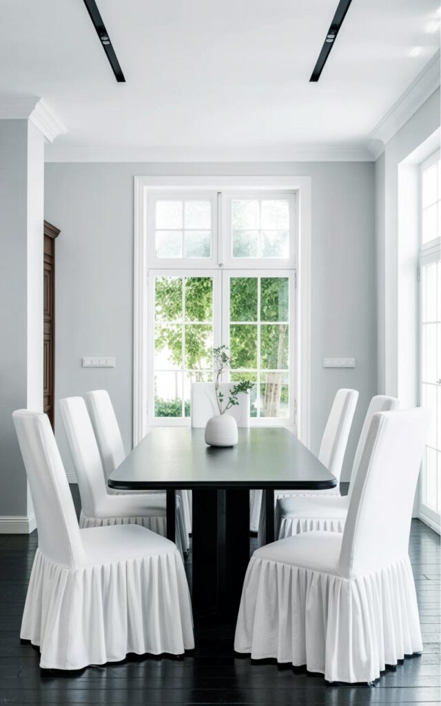 Six plush white slipcovered dining chairs surround a rectangular black table with a smooth, matte surface. The slipcovers have loose, flowing fabric that gathers slightly at the base of the chair legs, and the cushions are deeply padded. Natural light streams through a large window, illuminating the clean lines of the furniture and highlighting the texture of the slipcovers. The room features pale gray walls, a dark wood floor, and a simple vase with a few sprigs of greenery resting on the table.