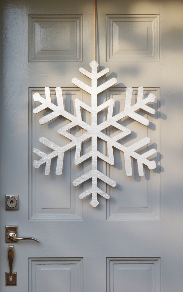 A Christmas door hanger with a wooden snowflake design. The snowflake is painted in shimmering silver and white. The door hanger is centered on a pale-gray closed door. The door has a brushed-nickel door handle and keyhole. The snowflake cutouts cast subtle shadows on the door. The door handle and keyhole reflect the soft glow of nearby lights. The door hanger has a minimalist elegance and captures the frosty magic of winter in a crisp, modern way.