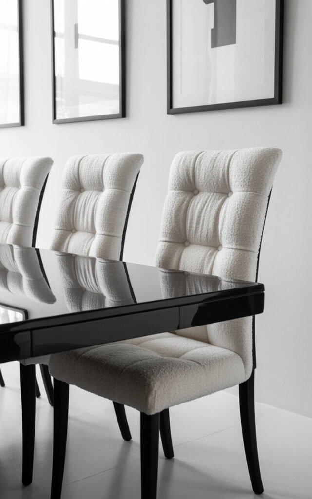 A minimalist black and white dining room photograph showcasing elegant plush white upholstered dining chairs as the focal point. The chairs feature rich, textured fabric with button-tufted details and sleek black legs, arranged around a glossy black rectangular dining table that creates striking visual contrast. Clean white walls display simple geometric artwork in black frames, while uncluttered surfaces and streamlined furniture maintain the sophisticated minimalist aesthetic. Soft natural light streams through unseen windows, casting gentle shadows that highlight the luxurious texture of the white upholstery and create a warm, inviting atmosphere within the monochromatic palette.