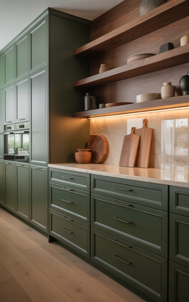 A photograph of a sophisticated kitchen interior featuring deep sage green cabinets with sleek matte black hardware and rich walnut floating shelves. The cabinetry extends to the ceiling, creating clean lines that complement the warm honey-toned oak flooring and creamy marble countertops with subtle veining. Handcrafted wooden cutting boards and ceramic vessels are thoughtfully arranged on the counters, while soft LED strip lighting beneath the shelves casts a gentle glow that highlights the natural wood grain. The space feels perfectly balanced between modern minimalism and cozy warmth, with large windows allowing natural light to enhance the earthy color palette of greens, woods, and creams.