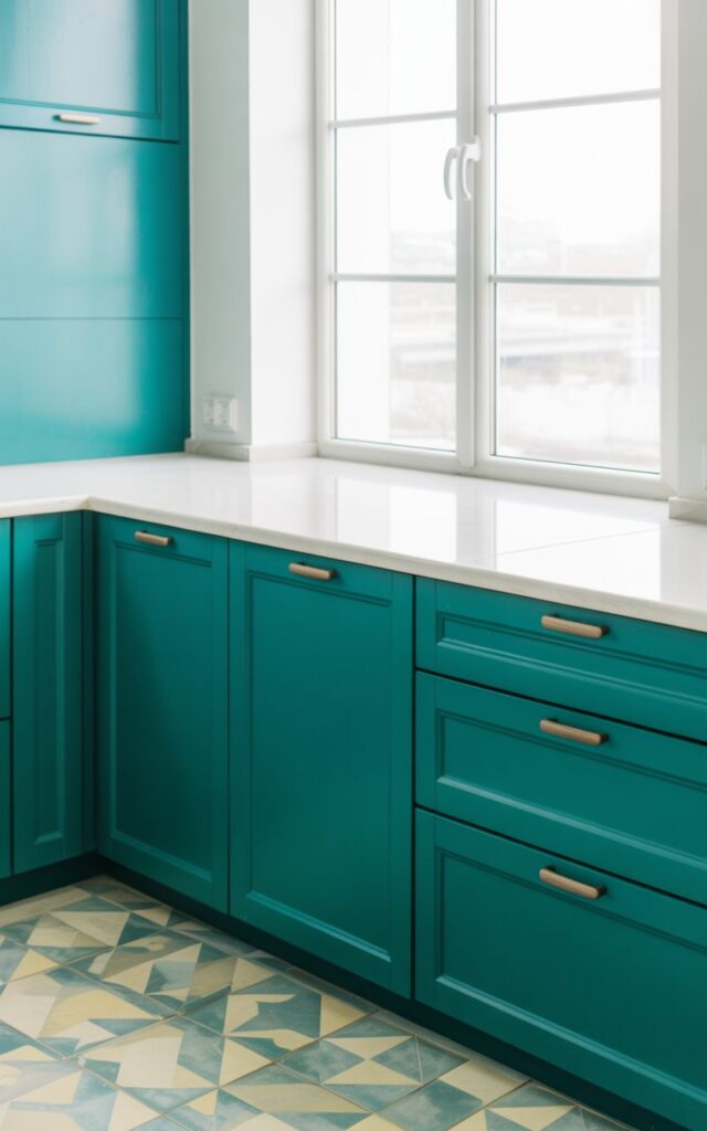 A contemporary kitchen interior showcasing bold teal cabinetry that dominates the space with its vibrant, saturated color against crisp white walls. The sleek cabinet doors feature clean lines and brushed matte gold hardware, paired with a pristine white quartz countertop that gleams under the abundant natural light. Geometric patterned floor tiles in complementary seafoam and cream tones create visual interest while echoing the teal palette throughout the space. A large picture window bathes the entire kitchen in soft, bright daylight, making the teal cabinetry appear luminous and creating a fresh, energizing atmosphere perfect for modern living.
