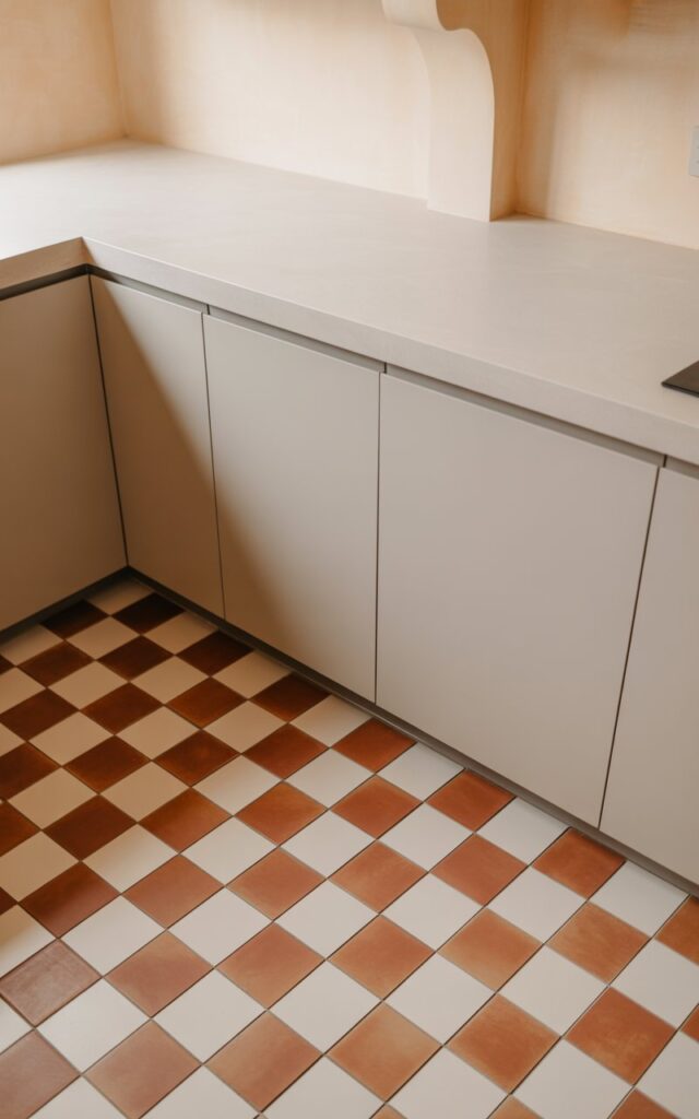 A photograph of an elegantly minimalist kitchen featuring distinctive terracotta and white checkered floor tiles that create a warm Mediterranean atmosphere. The terracotta tiles display a subtle textured surface that contrasts beautifully with sleek white cabinetry, while matte brass fixtures cast a gentle, golden glow throughout the space. Clean white countertops and soft white walls provide a serene backdrop, allowing the geometric floor pattern to serve as the room's focal point without overwhelming the design. Soft natural lighting filters through the space, highlighting the perfect balance between rustic Mediterranean charm and contemporary minimalist aesthetics.