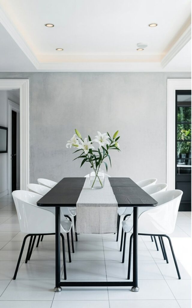 A matte black rectangular dining table stands centered in the room, supported by four slender metal legs with small circular feet. Six glossy white dining chairs, each with a gently curved backrest, are positioned around the table, their surfaces reflecting overhead lighting. A simple glass vase containing three white lilies sits on the table’s surface, while a linen tablecloth with a subtle woven texture drapes over the table’s edge. The room’s walls are finished with a smooth, matte gray plaster, and recessed lighting fixtures are integrated into the ceiling, casting diffused light across the space.