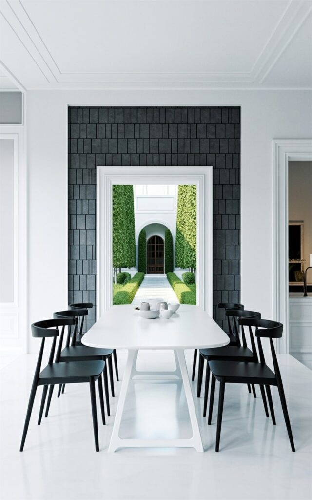 A rectangular white dining table sits centered before a textured black wall that extends from floor to ceiling. Six minimalist black dining chairs with thin, angled legs are arranged around the table, each chair featuring a slight outward curve on the backrest. The black wall’s surface exhibits a repeating vertical rib pattern that creates distinct lines and shadows. A large window behind the table reveals a glimpse of a meticulously manicured garden with neatly trimmed hedges and a paved pathway.