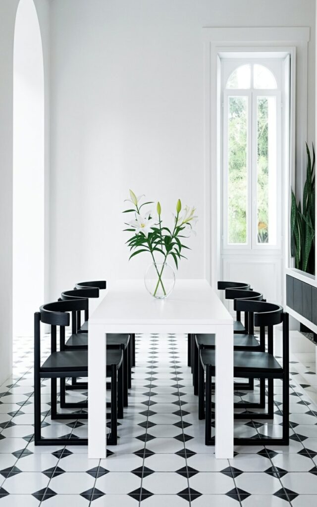 A white, rectangular dining table stands at the center of the room, displaying a simple glass vase holding three white lilies. Six minimalist black dining chairs with square frames surround the table, evenly spaced and angled slightly towards the center. The floor is covered in a black-and-white geometric tile pattern, featuring alternating squares of black and white arranged in a repeating diamond shape. Natural light streams in from a large window positioned to the right, illuminating the room and highlighting the contrast between the black and white elements.