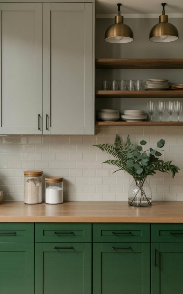 A kitchen features light gray upper cabinets meeting deeper forest green lower cabinets in a seamless transition. Streamlined black cabinet hardware complements the two-tone design, while a soft white subway tile backsplash extends from the countertop to the upper cabinets. Stone canisters containing flour and sugar sit on the countertop alongside a clear glass vase holding several stems of eucalyptus and ferns. Warm light from two brushed brass pendant lights illuminates the open shelving that holds a collection of white ceramic plates and clear glassware.