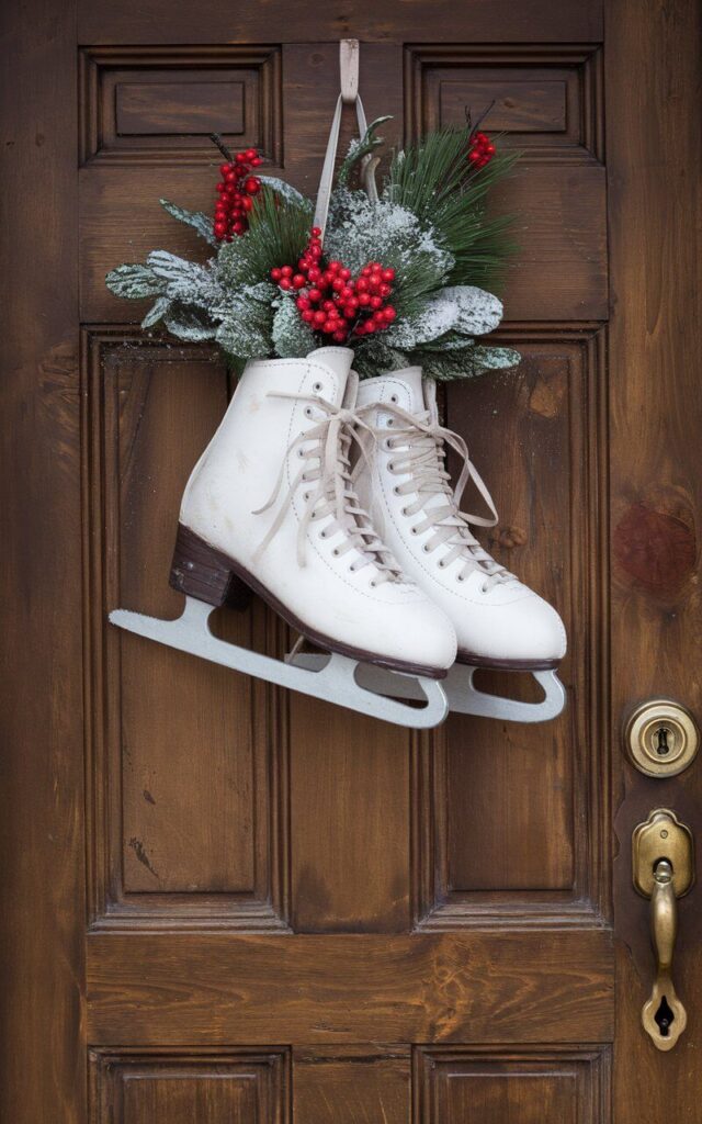 A photo of a rustic wooden door with a pair of weathered white ice skates transformed into a charming Christmas door hanger. The door hanger is filled with sprigs of evergreen, clusters of red berries, and a dusting of faux snow. Below the door hanger, the brass door handle and keyhole gleam softly. The overall image has a minimalist style but is full of heart, capturing the sweet nostalgia of childhood winters.