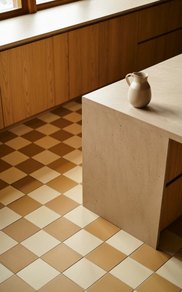 A photograph of a minimalist kitchen interior featuring a distinctive beige-and-cream checkered floor that creates gentle visual rhythm throughout the space. Light oak cabinets with clean, flat faces line the walls, paired with a smooth cream-toned stone countertop that provides subtle contrast against the warm wood textures. A simple white ceramic pitcher sits alone on an uncluttered kitchen island, emphasizing the space's deliberately sparse aesthetic. Golden sunlight streams through a nearby window, casting soft shadows that highlight the checkerboard pattern and illuminate the organic harmony between the earthy floor tones and surrounding natural materials.