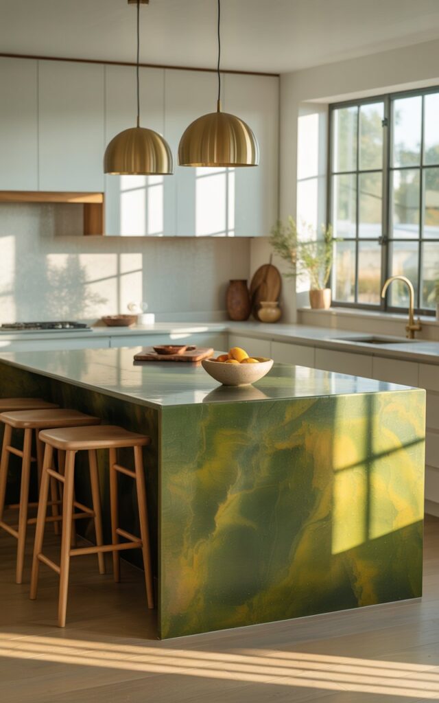 A photograph of a contemporary minimalist kitchen showcasing a stunning moss-green island with a smooth satin finish as the dramatic centerpiece. The island's rich earthy tone contrasts beautifully against the surrounding crisp white cabinetry, while sleek quartz countertops and elegant brass pendant lights create sophisticated visual layers. Natural wood bar stools are positioned alongside the island, complementing a carefully curated ceramic fruit bowl and wooden cutting board that rest on the pristine surfaces. Golden sunlight streams through a large window, casting warm highlights across the moss-green island and illuminating the harmonious blend of textures throughout this open, intentionally designed space.