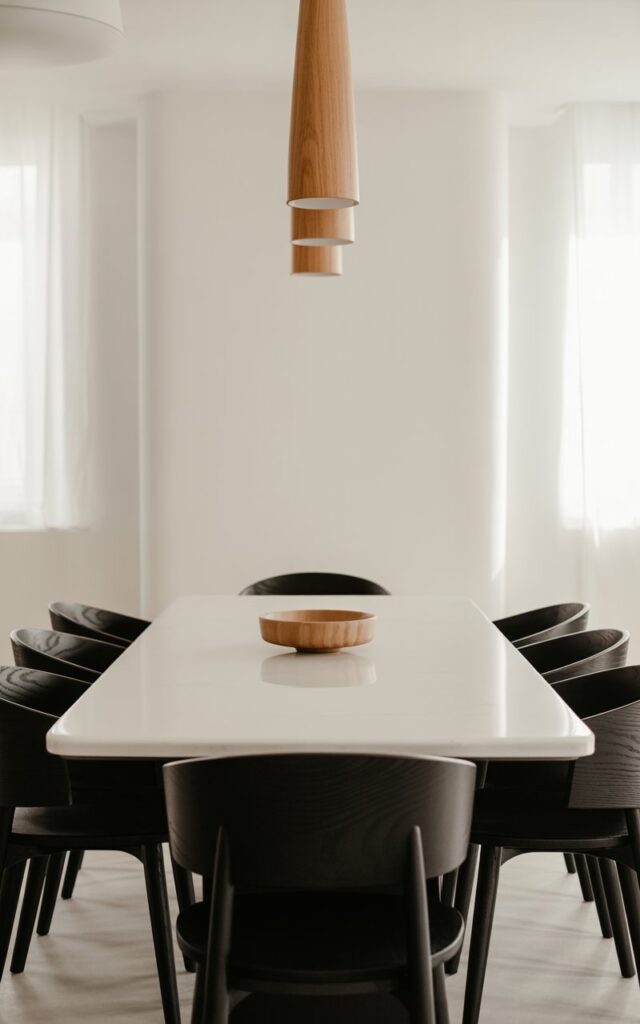 A photograph of an elegant black and white dining room featuring a pristine white rectangular table at the center, surrounded by sleek black dining chairs with subtle wooden legs. The minimalist space showcases clean geometric lines with carefully placed natural wood accents, including a striking pendant light fixture with warm oak details and a simple wooden bowl on the table. The room maintains stark monochromatic contrast through white walls and black statement elements, while the organic wood tones add warmth and visual softness. Soft natural light filters through unseen windows, creating gentle shadows that emphasize the room's uncluttered surfaces and sophisticated balance between modern minimalism and inviting warmth.