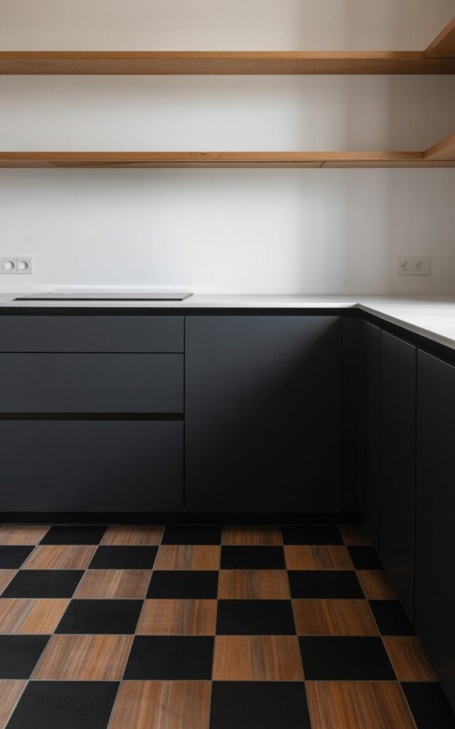 A minimalist kitchen interior featuring a striking checkered floor pattern that alternates between matte black tiles and warm wood-look tiles with visible grain texture. The sleek matte black cabinetry with clean, handleless edges complements the darker floor tiles, while floating wooden shelves mounted on white walls echo the warmer wood tones below. The pristine white countertops remain completely clutter-free, emphasizing the minimalist aesthetic with only essential fixtures visible. Soft, even overhead lighting casts gentle shadows that accentuate the dramatic contrast of the checkered pattern, creating a harmonious balance between the industrial black elements and natural wood warmth.